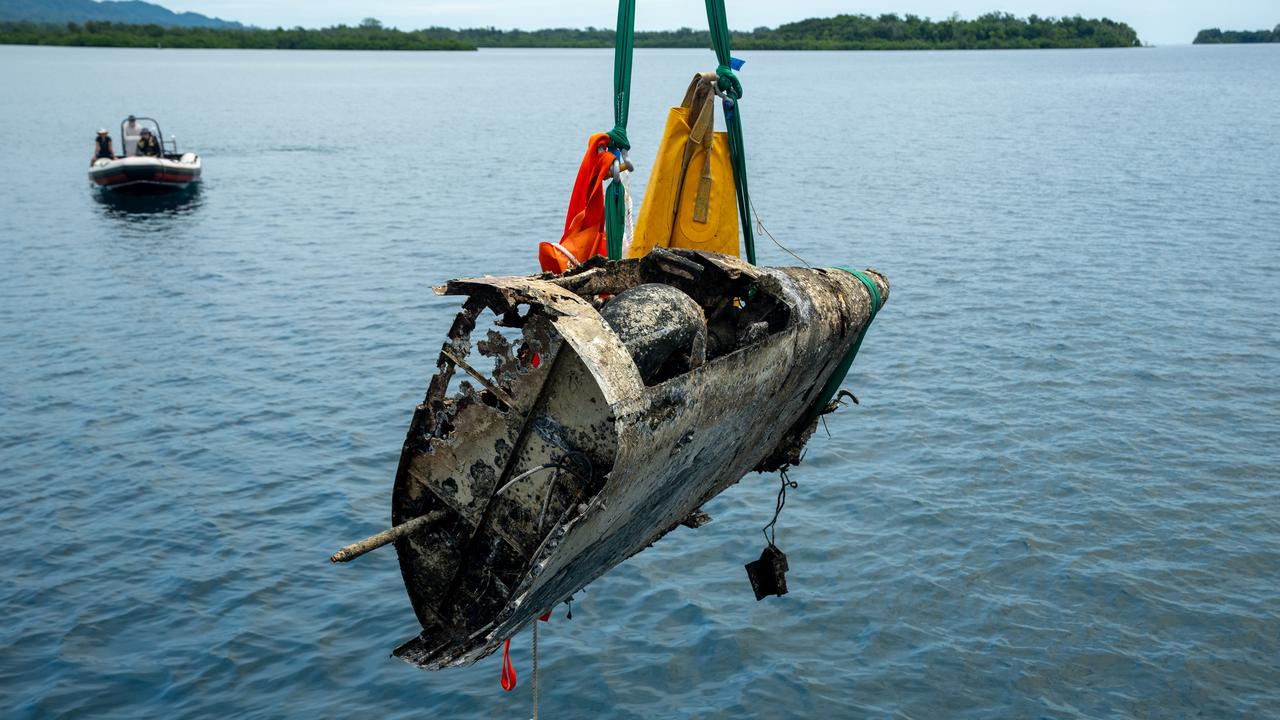 The recovery of the stern frame of Beaufort A9-374 in progress during the January 2024 site investigations. The wreck was identified by a team sponsored by Dr Andrew Forrest in February 2023, with confirmation of the serial number of the aircraft made in January 2024.