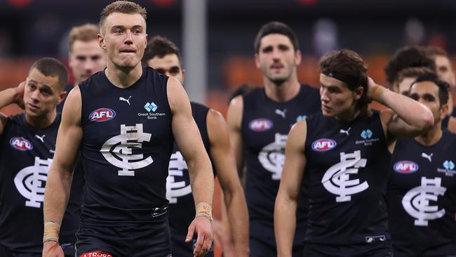 Patrick Cripps and his Blues teammates look dejected after losing their ninth game of the season. Picture: Getty Images