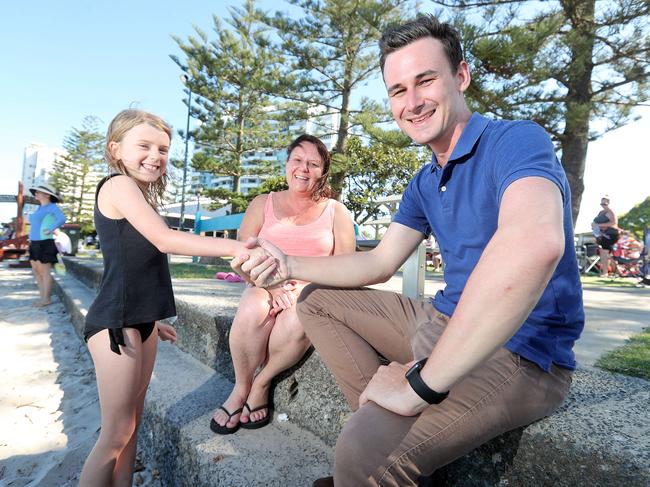 LNP candidate for Bonney Sam O'Connor at Harley Park Labrador. The seat is tight, Sam is in front at the moment but by less than 300 votes. He met Hannah Renwick (9) who asked her mum to vote for him and was star struck when they bumped into eachother at the park. Her mum is Nicole Renwick on 0435367638Photo by Richard Gosling