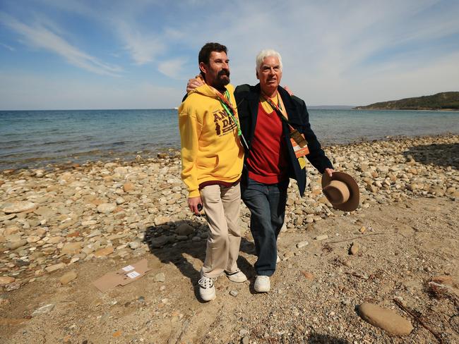 Herbert Dod Norrie Norris, right, arrives at Gallipoli with his son Steve Norris. Herbert’s father, also called Herbert, fought at Gallipoli. Picture: Sam Ruttyn