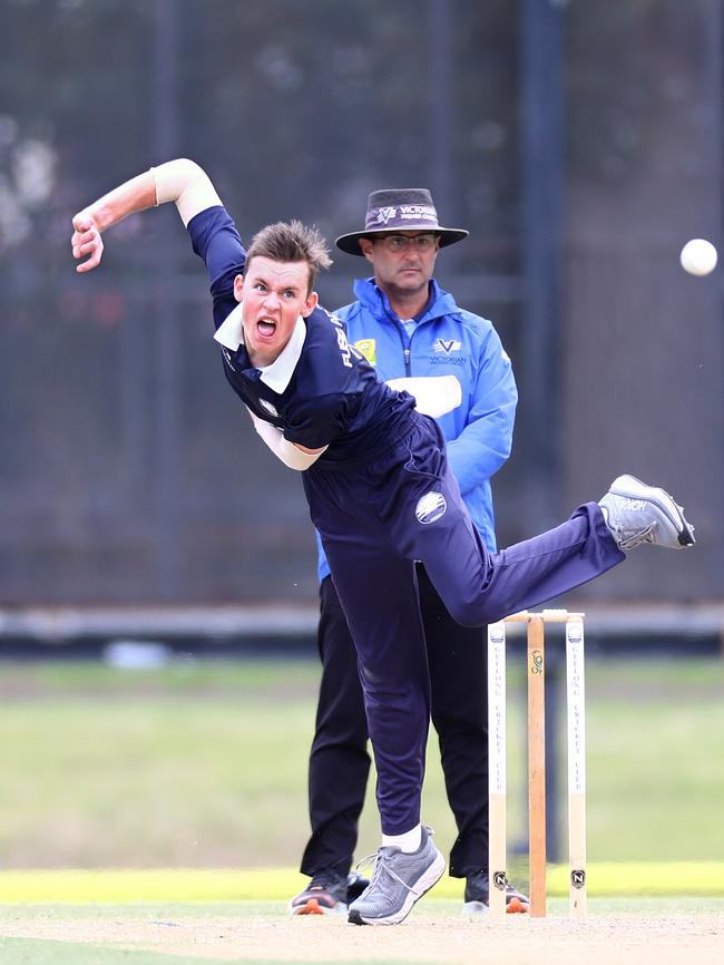 Callum Stow bowls against Frankston Peninsula. Picture: Glenn Ferguson