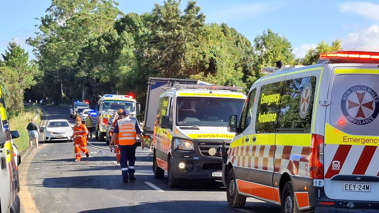 A Norco milk truck and a ute have collided on a major roadway at Nana Glen near Coffs Harbour bringing traffic to a standstill Picture: Toni Moon.