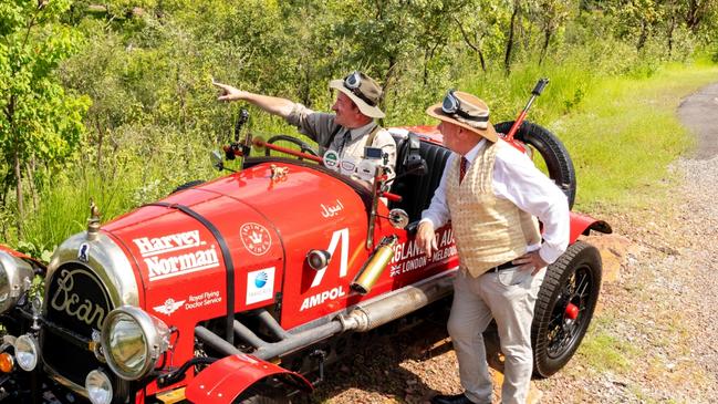 PHOTOGRAPHS BY NIGEL WRIGHT., +61 409363339. wrightphoto1@mac.com, ****EMBARGO 12th January for Monday 13th Jan 2025 ****, BIRTLES AND THE BEAN, THIS PHOTOGRAPH SHOW is to the south of the Adelaide River approx 100k south of Darwin in AUSTRALIA WITH THEIR GLOBE TROTTING  CAR, MATTHEW BENNS, WARREN BROWN start the long road south to Melbourne., Picture: Nigel Wright