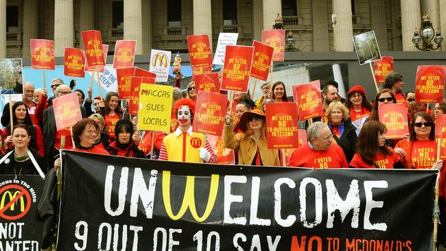 Tecoma McDonald’s protesters at Parliament House, Melbourne, during their fight against the fast-food giant opening in the Dandenong Ranges.