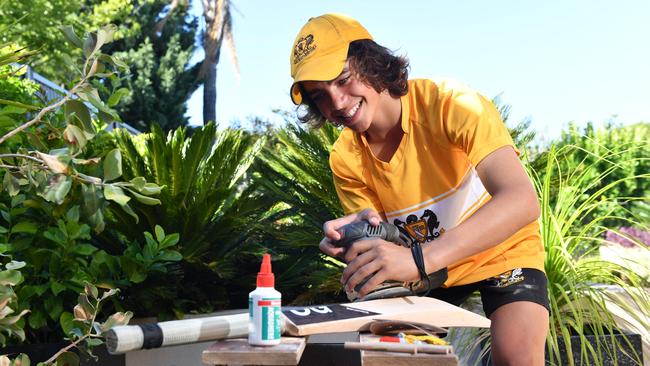 Oscar Grant has set up his own bat repair business, OG Bat Repairs, out of his shed at home. Picture: AAP/Keryn Stevens