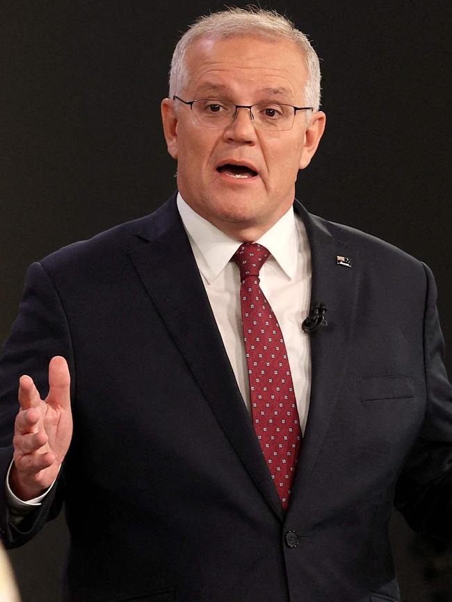 Prime Minister Scott Morrison at Wednesday’s leaders’ debate. Picture: Jason Edwards / various sources / AFP)