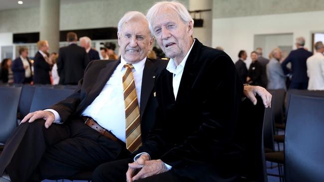 Former Hawke government minister John Brown with comedian Paul Hogan at the book launch for Brownie: Minister for Good Times in Sydney. Jane Dempster/The Australian.