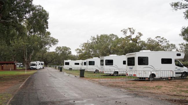 Motorhomes lined up in Wilcannia so close contacts of people with Covid could isolate.