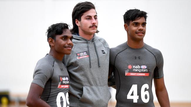 Pheonix Spicer, Lachlan Jones, Tariek Newchurch. SA players going through their paces at the AFL Draft Combine at Immanuel College gymnasium on the 30th September, 2020. Picture: Tricia Watkinson