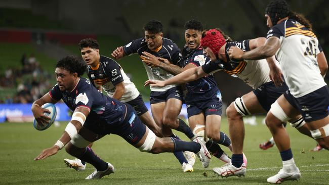 Rob Leota of the Rebels crosses the line only for the try to be disallowed on a night when the Brumbies cruised to a 30-3 victory at AAMI Park. Picture: Getty Images