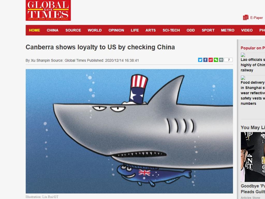 The <i>Global Times</i> article was accompanied by another unflattering cartoon painting Australia as a US lackey.