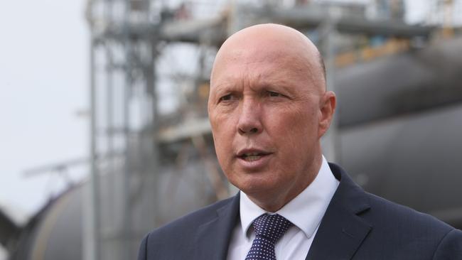 ADELAIDE, AUSTRALIA - Advertiser Photos APRIL 18, 2022: Minister for Defence Peter Dutton at ASC North inspecting HMAS DECHAINEUX a Collins Class Submarine in Osborne, SA. Picture Emma Brasier