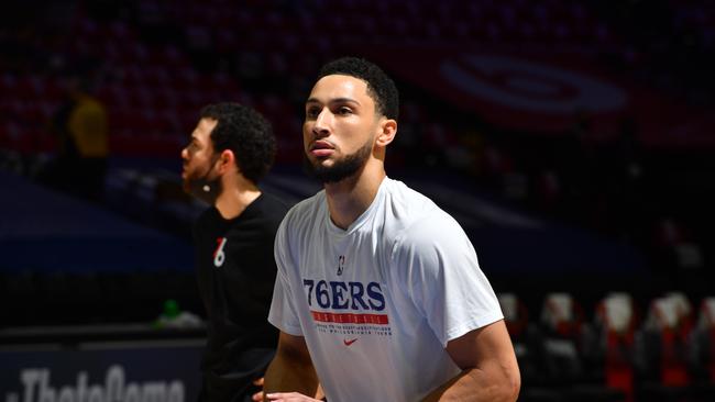 PHILADELPHIA, PA - JUNE 20: Ben Simmons #25 of the Philadelphia 76ers practices free throws prior to a game against the Atlanta Hawks during Round 2, Game 7 of the Eastern Conference Playoffs on June 20, 2021 at Wells Fargo Center in Philadelphia, Pennsylvania. NOTE TO USER: User expressly acknowledges and agrees that, by downloading and/or using this Photograph, user is consenting to the terms and conditions of the Getty Images License Agreement. Mandatory Copyright Notice: Copyright 2021 NBAE (Photo by Jesse D. Garrabrant/NBAE via Getty Images)