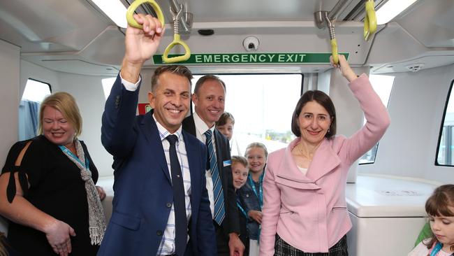 Transport Minister Andrew Constance with Premier Gladys Berejiklian on the first train from Tallawong Station to Chatswood of the new Metro line. Picture: David Swift.