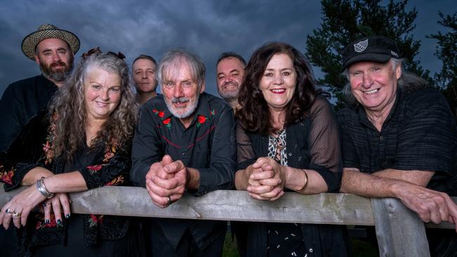 The Goanna gang … Graham Davidge, Richard Tankard, Marcia Howard, Ruben Shannon, Shane Howard, Marcus Ryan and Rose Bygrave. Picture: Jay Town