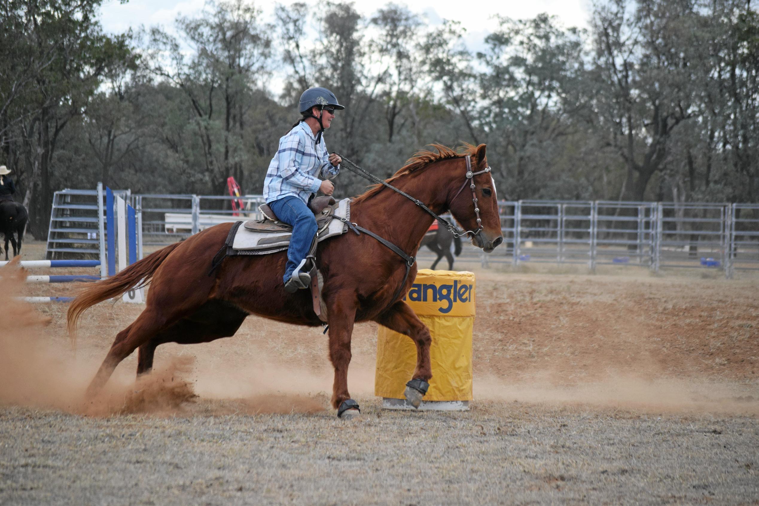 Tammy Tatten in the barrel race at the Hannaford Gymkhana and Fete. Picture: Kate McCormack