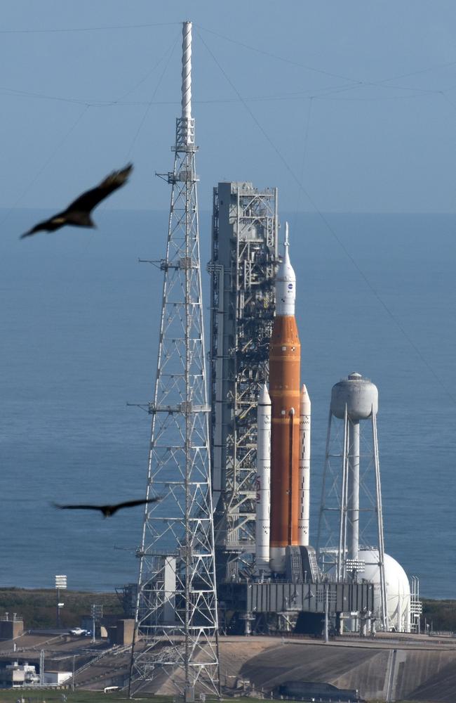 The Artemis 1 moon rocket and the Orion spacecraft poised on Launch Pad 39B November 15, 2022 during the countdown for the third launch attempt continues at the Kennedy Space Center in Cape Canaveral, Florida. Picture: Getty Images/AFP