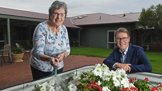 ACH boss Frank Weits with resident Kapara Mews resident Claire East at the Glenelg South age care home. Picture: Tom Huntley