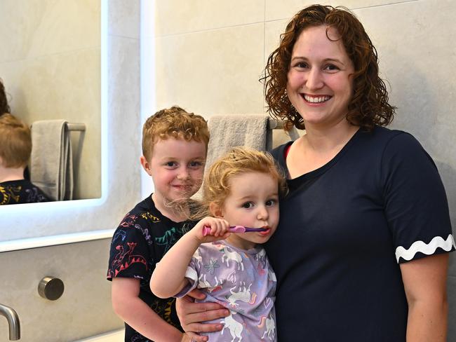 Hamish (5) and Astrid (3) with mum Laura Thorpe. Picture Emily Barker.