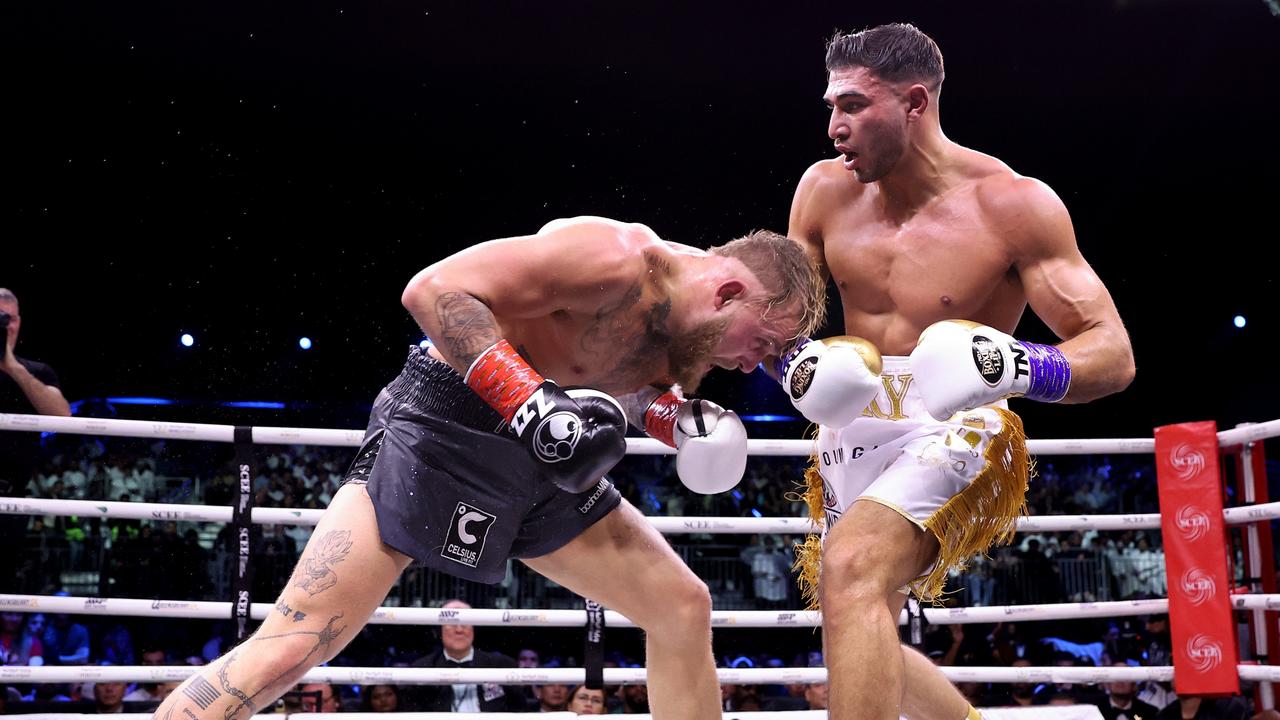 Jake Paul keels over after exchanging punches with Tommy Fury. Photo by Francois Nel/Getty Images.