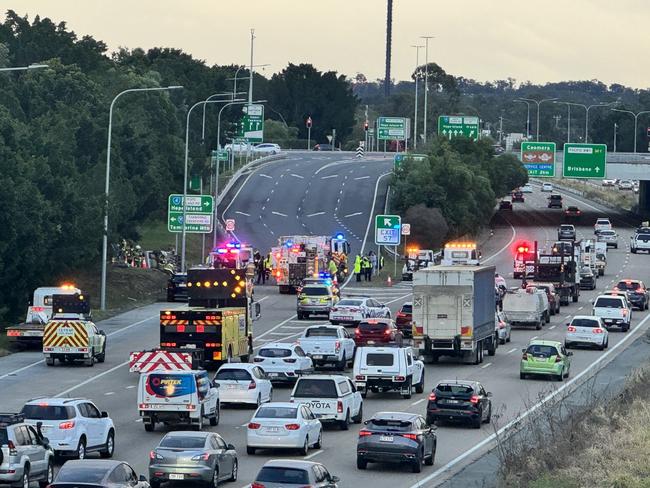 A crash has closed an M1 offramp in peak hour traffic. Picture: Charlton Hart