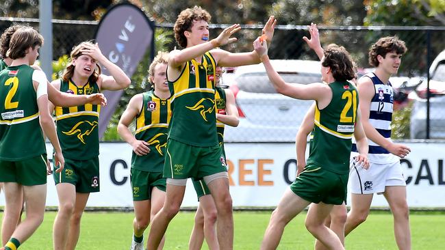 Maroochydore players celebrate a goal. Action in the QAFL colts Australian football semi-final between Maroochydore and Broadbeach. Saturday September 10, 2022. Picture, John Gass