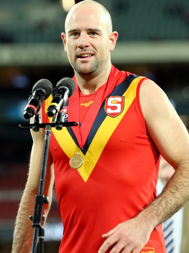 Matthew Broadbent after winning the Fos Williams Medal as South Australia’s best player against Western Australia in the 2021 State game at Adelaide Oval. Picture: Dean Martin.