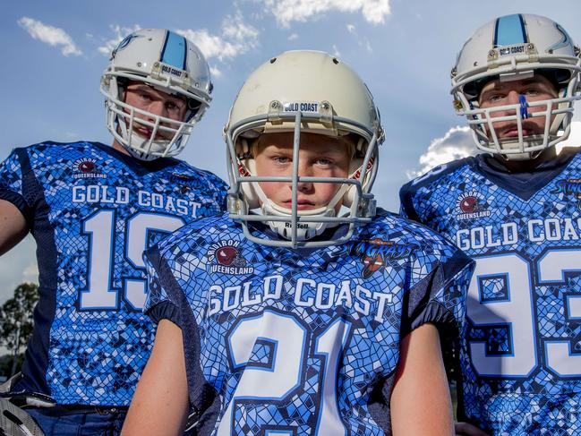 Gold Coast Stingrays players. (From left) senior Player, Dylan Napier, Youth Group player, London Proctor-Sargent, 10, and Colts Player, Kaegan Wienand. Picture: Jerad Williams