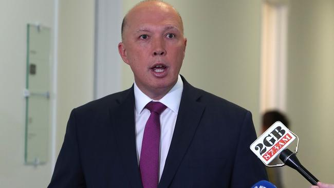 Home Affairs Minister Peter Dutton at a doorstop at Parliament House in Canberra. Picture Kym Smith