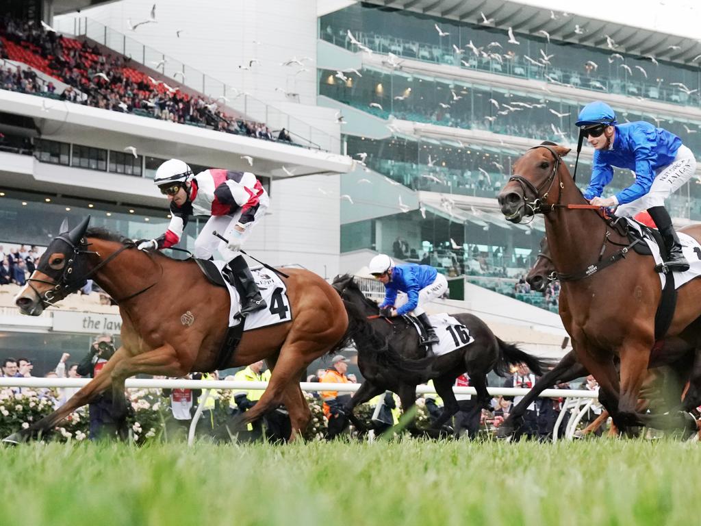 Andrew Mallyon rides the Griffiths-trained Halvorsen to victory in the Seppelt Drumborg Grand Handicap on Stakes Day at Flemington.