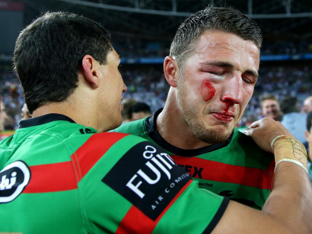 Sam Burgess’ toughness was on display in the 2014 NRL Grand Final when he continued to play despite his cheekbone being bbbbbbroken in the first hitup. Picture: Gregg Porteous