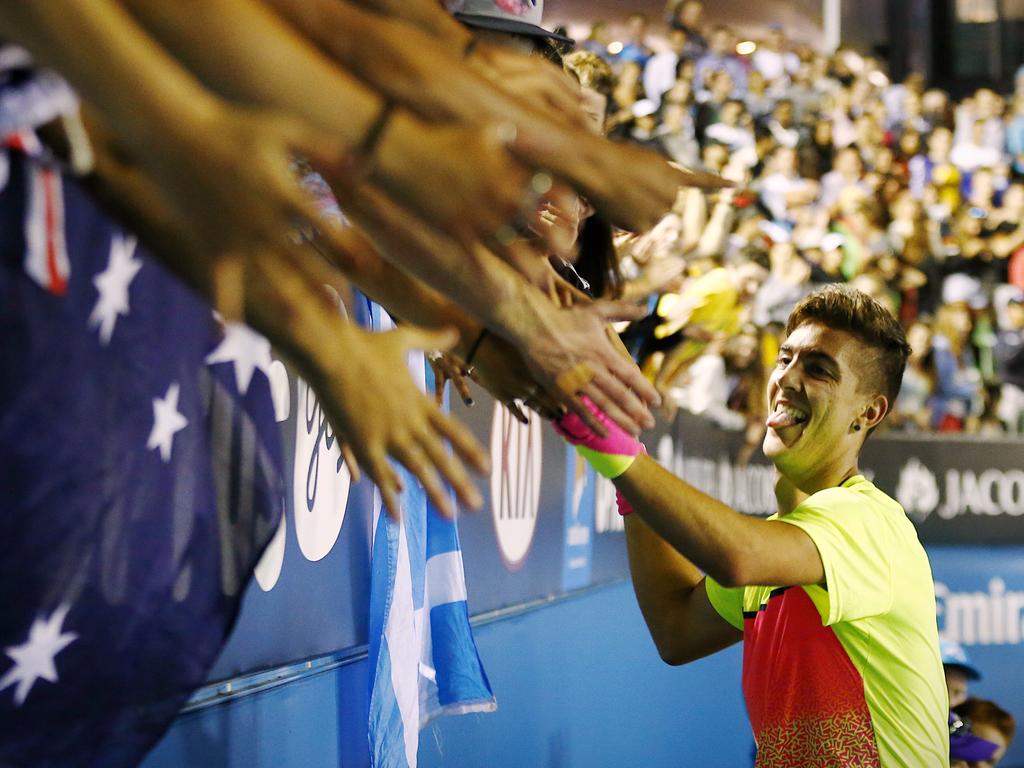 Thanasi Kokkinakis celebrates his victory over Ernests Gulbis at the 2015 Australian Open. Picture: Wayne Ludbey