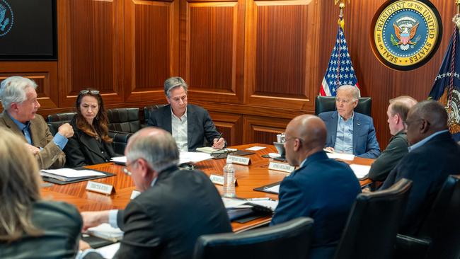 US President Joe Biden (C) meeting with members of the National Security team regarding the unfolding missile attacks on Israel from Iran.