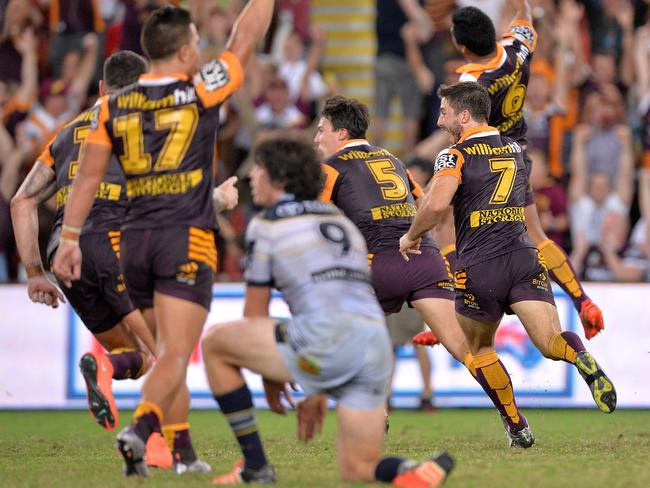 This time it was the Broncos clinching victory with the golden point, courtesy of an Anthony Milford field goal. Picture: Bradley Kanaris/Getty Images