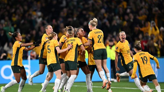 The Matildas celebrate after Steph Catley opened the scoring early in the second half. Picture: Getty