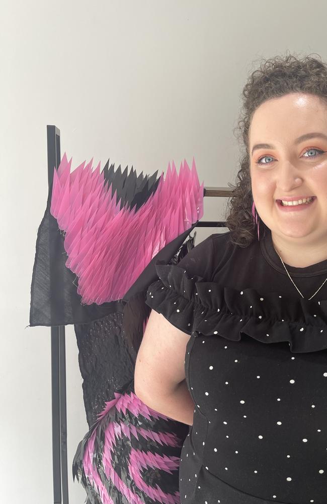 Bethany Cordwell has won the emerging designer award on Tuesday as part of the Victorian Racing Club’s Myer Fashions On Your Front Lawn competition.