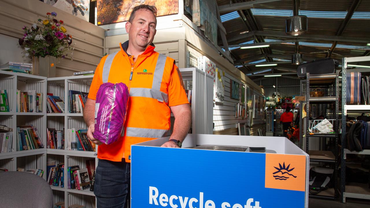 Operations manager of Mornington Park Waste Transfer Station Bruce Oates at Mornington Waste Transfer station with some soft plastics ready for recycling. Picture: Linda Higginson