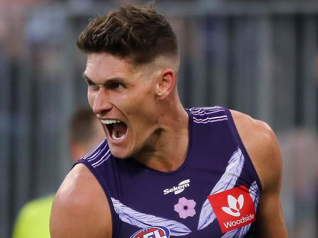 PERTH, AUSTRALIA - JULY 03: Rory Lobb of the Dockers celebrates after scoring a goal during the 2022 AFL Round 16 match between the Fremantle Dockers and the Port Adelaide Power at Optus Stadium on July 03, 2022 in Perth, Australia. (Photo by Will Russell/AFL Photos via Getty Images)