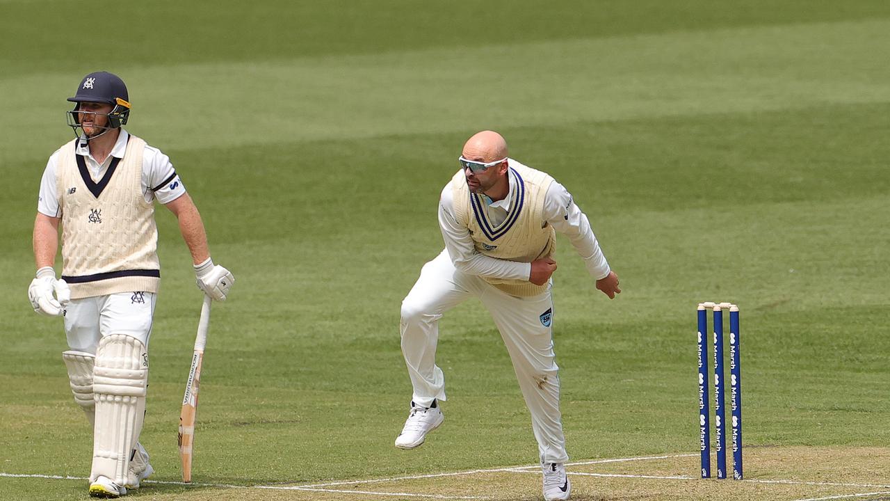 Nathan Lyon returned to first-class cricket with NSW at the MCG on Thursday, claiming 0-31 off 16 overs in damp conditions. Picture: Kelly Defina / Getty Images