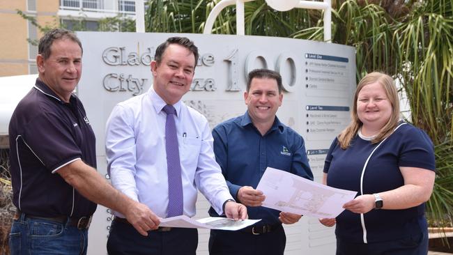 Gladstone City Plaza will undergo redevelopment over the next six months. Pictured: Geordie Lawrie from G&D Lawrie Builders, Steve Marsten from Gladstone City Plaza Body Corporate, Gladstone Region Mayor Matt Burnett and Amanda Smedley from GHD Project Managers.