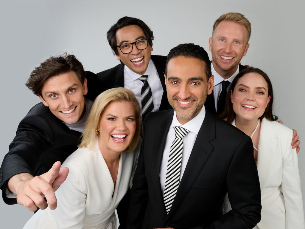 The Project’s line-up (from clockwise) includes Sam Taunton, Michael Hing, Hamish Macdonald, Georgie Tunny, Waleed Aly and Sarah Harris. Picture: Supplied/Ten