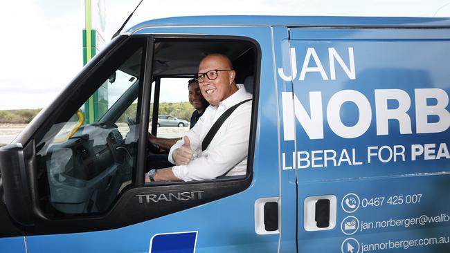 Peter Dutton made his 13th visit to a petrol station in the suburb of Alkinos in the Perth electorate of Pearce with Liberal candidate for Pearce Jan Norberger. Picture: Richard Dobson / NewsWire