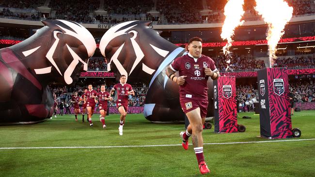 Josh Papalii and the Maroons run out at Adelaide Oval in 2020. Picture: Getty