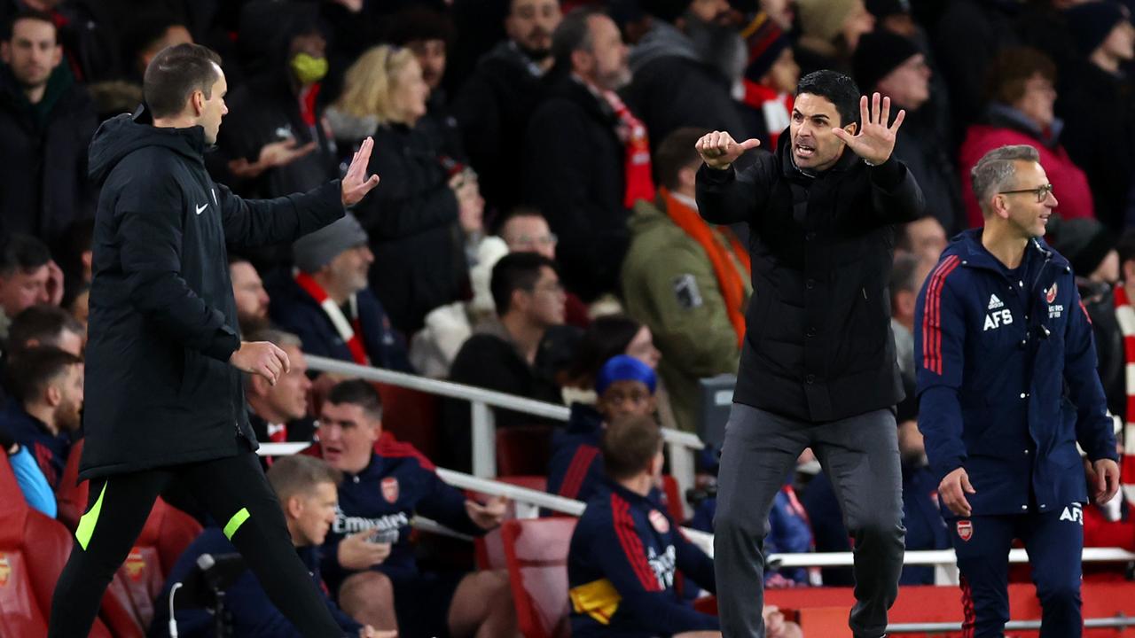 Mikel Arteta, Manager of Arsenal, reacts to the fourth official Jarred Gillet during the Premier League match between Arsenal FC and Newcastle United.