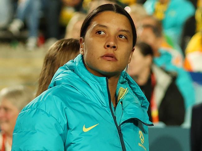 Sam Kerr before the Australia v Ireland World Cup opener at Stadium Australia, just after the Matildas finally disclosed her secret calf injury. Picture: Cameron Spencer/Getty Images