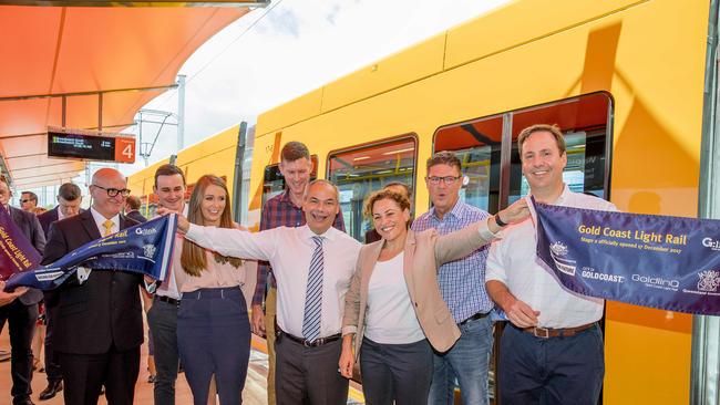 Opening morning of the Stage 2 of the Gold Coast light rail — John Witheriff, Sam O’Connor, Meaghan Scanlon Mark Bailey, Gold Coast Mayor Tom Tate, Deputy Premier Jackie Trad, Rob Molhoek and Federal Tourism Minister Steve Ciobo at the official opening and ribbon cutting. Picture: Jerad Williams