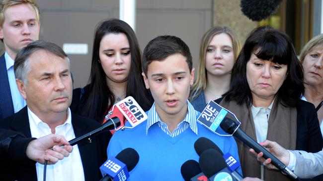 Stuart Kelly pictured bravely speaking to the media outside the sentence appeal hearing for Thomas Kelly’s killer Kieran Loveridge in 2014. Picture: AAP Image/Dean Lewins