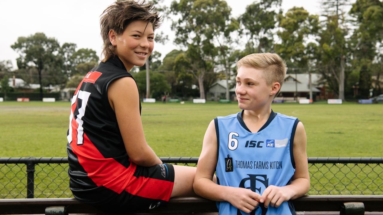 Charlie Stevens as a 14-year-old with Kobe McEntee, also then 14, at the Mitcham football oval in 2019. Picture: Morgan Sette