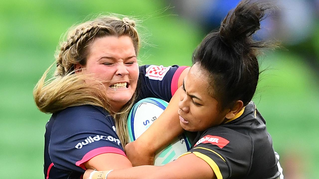 Bree-Anna Cheatham tackled during a Super W match back in 2019 when playing for the Melbourne Rebels.