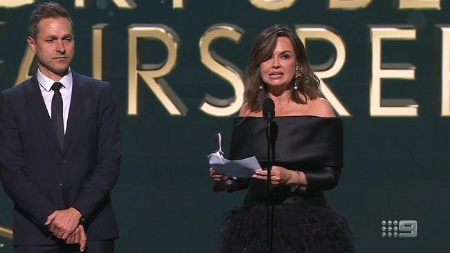 Wilkinson reads her speech at Sunday’s Logies. Picture: Channel 9